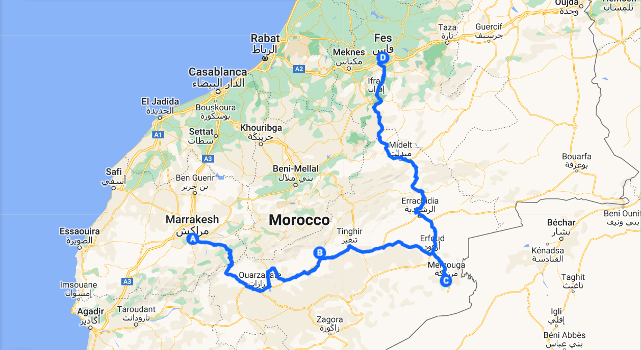 3 days desert tour from Marrakech to Fes Map